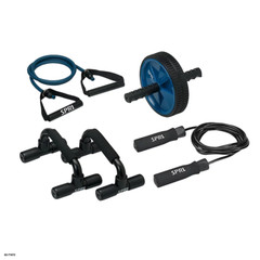Home Gym Essentials Kit, Includes Jump Rope, Push-Up Bars, Ab Wheel and Medium R
