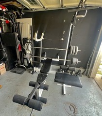 Multi-Station Adjustable Home Gym Black/White Bench Barbell Weights Attachments