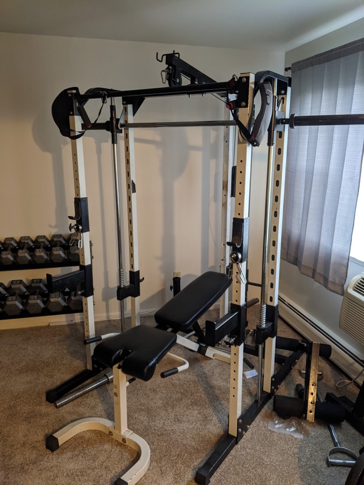 Adjustable Multi-Station Home Gym Steel Bench Power Rack Pulley System White Bl…