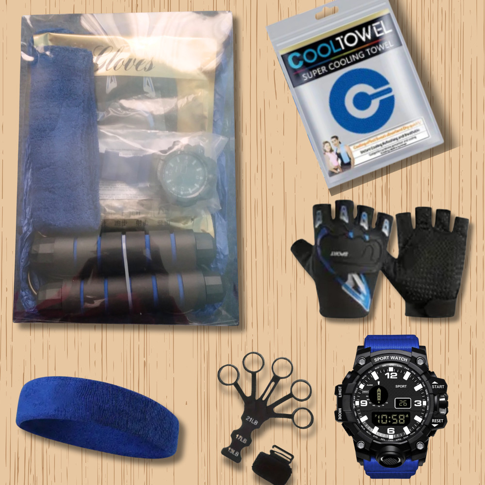 Unisex 7pcs Blue/Black Fitness Gift Set w/Sports Watch for Men & Women