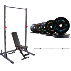 Squat Rack Home Gym Bundle w/ Bench, Olympic Barbell + 260LB Bumper Plates Set