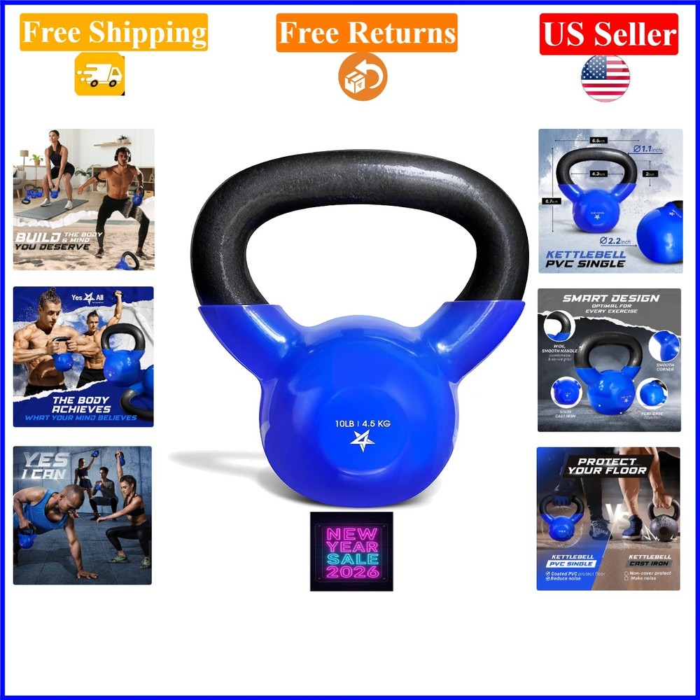 10lb Vinyl Coated Cast Iron Kettlebell for Home Gym, Strength & Fitness
