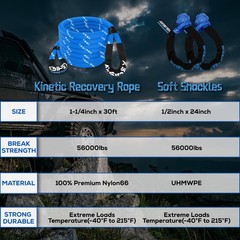 Kinetic Recovery Rope Kit (Reflective), 1.25in x 30ft 56,000Lbs, 35% High Ela…
