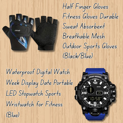 Unisex 7pcs Blue/Black Fitness Gift Set w/Sports Watch for Men & Women