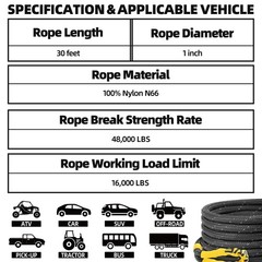 SAMOUT Kinetic Reflective Recovery Rope (48000Lbs 1in x 30ft), Extreme Duty 3…