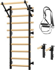 Swedish Ladder Wall Gym, Wooden Wall-Mounted Stall Bars with Pull-up Bar &
