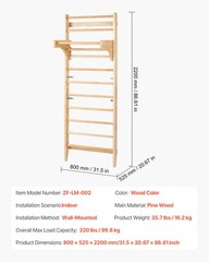 VEVOR Swedish Ladder Wall Gym 10-Level Wooden Indoor Playground Climbing Ladder