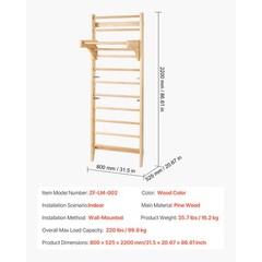 Swedish Ladder Wall Gym 10-Level Wooden Indoor Playground Climbing Ladder