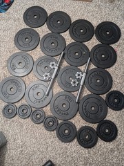 Adjustable Home Gym Set – Bench, Barbell, Dumbbells, and bumper plates.
