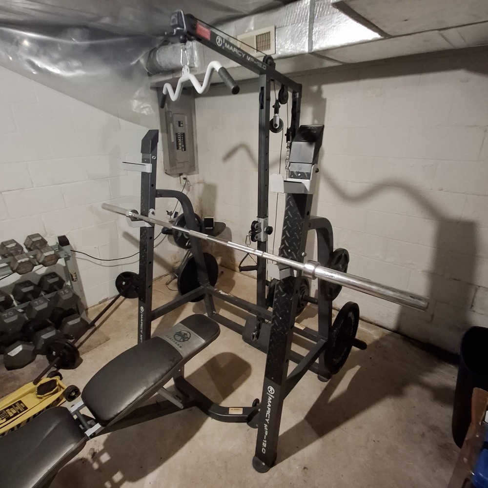 Bench and squat rack with Olympic Bar weights Plates Ez-curl Bar Cables