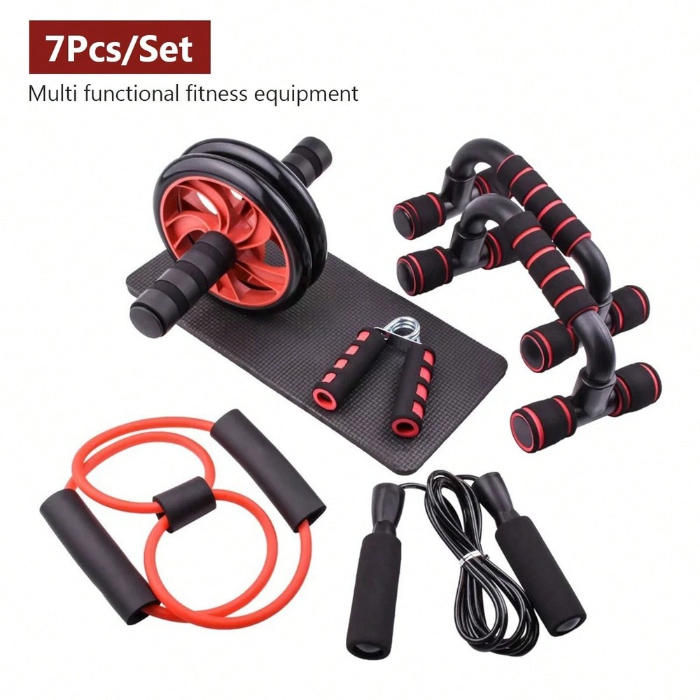 7pcs Home Gym Fitness Set – Ab Roller, Push-Up Stand, Resistance Bands & More