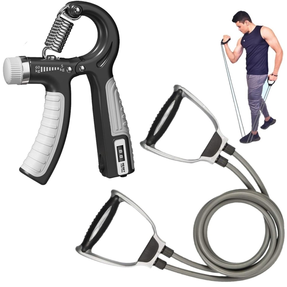 Fitness Hand Grip Strengthener with Counter & Toning Tube Resistance Band